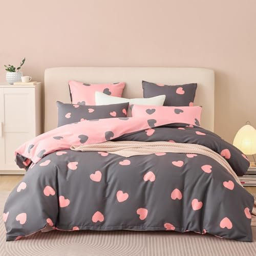 Freyamy Housse de Couette 200x200cm+2 Taie d'oreiller 65x65cm Coeur Imprimé Gris Rose Parure de lit 2 Personnes Adulte Motif du Cœur Sets de Housse Couette en Microfibre avec Fermeture Éclair