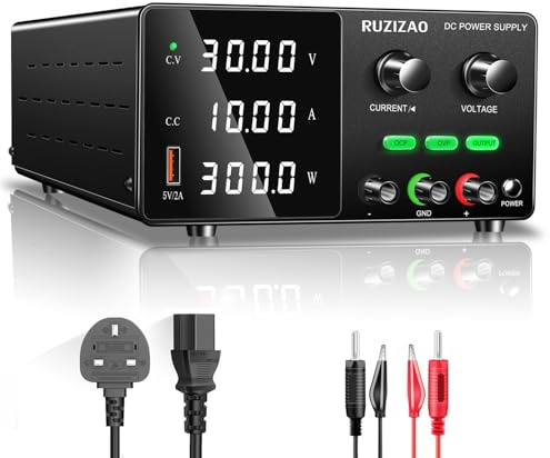 RUZIZAO Bench Power Supply Variable: 30V 10A 300W Adjustable Switching Regulated OCP OVP Output Button Encoder Knob High Precision 4-Digits LED Display 5V/2A USB Port Lab DC Power Supply