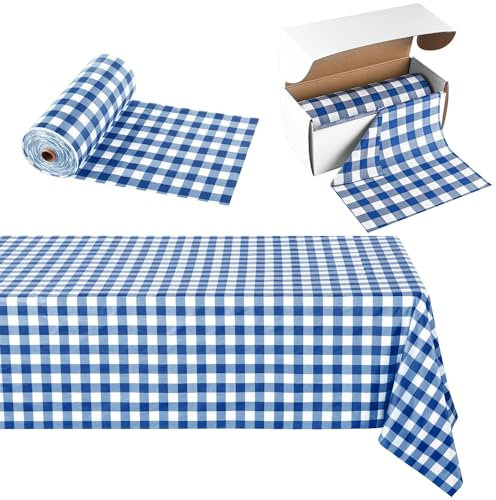 Kochorie Rollo de mantel de plástico a cuadros azules de 54 pulgadas x 300 pies, desechable, impermeable, rollo de cubierta de mesa de plástico con cortador fácil de deslizar para picnic al aire libre
