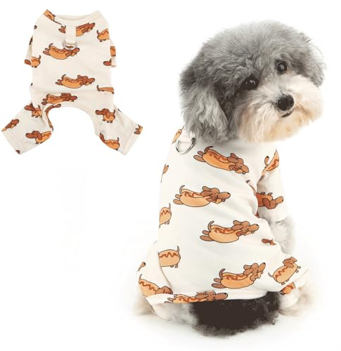 Ranphy Printed Fleece Pyjamas for Small Dogs/Cats, Doggy, L | Soft Fleece, D-Ring Lead Use, Pullover Fit, Indoor Sleep, Short Walk, Chihuahua, Yorkie, Warm Puppy Pyjamas Jumpsuit