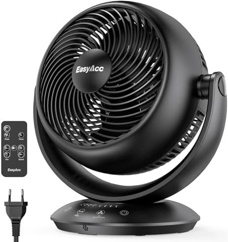 EasyAcc Ventilador de Mesa Circulación de Aire, Potente Silencioso Oscilación Automática 90° Horizontal y Vertical, 3 Velocidades, Temporizador de 2-12 H con Mando para Oficina y Hogar, Negro