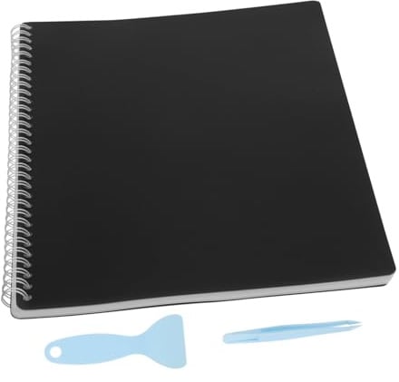 HOMSFOU Wiederverwendbares Stickerbuch Satz Schwarz, Großes Sammelalbum | Leeres Stickeralbum, Papier Ausführung, mit Werkzeugen Schaber und Pinzette