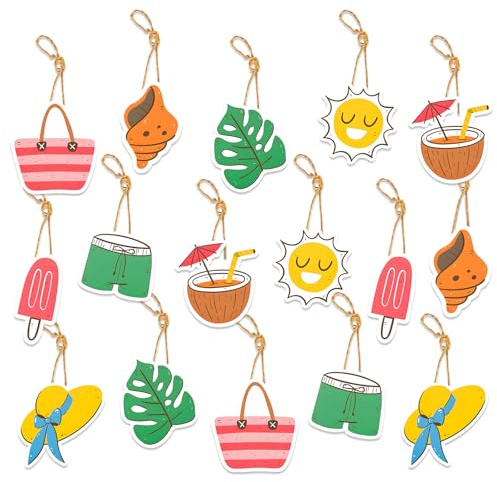 Summer Tree Decorations, Kaluofan 16 PCS Summer Tree Ornaments, Bag Hat Shorts Conch Sun Coconut Popsicle Tropical Leave Hanging Ornaments for Hawaiian Tropical Luau Beach Party Backdrop Decorations