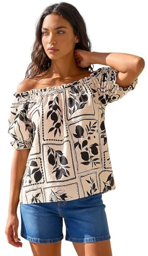 Roman Bardot Top Off Shoulder Blouse for Women UK - Ladies Floral Print Shirt Palm Leaf Tropical Ditsy Cold Shoulder Jersey Frill Cuff Summer Spring Holiday Noir