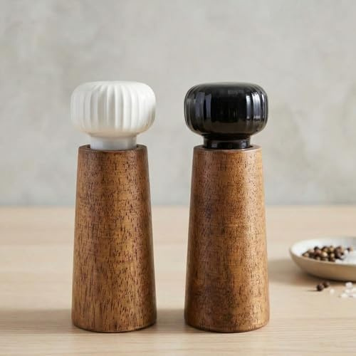 MAITTON Salt and Pepper Mill Set - Wood and Ceramic | Pepper Grinder Spice Mill with Adjustable Coarseness, 17.5 cm