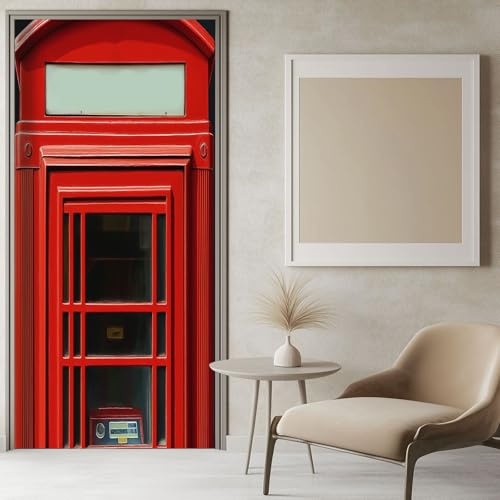 3D Türaufkleber Moderne Telefonzelle 90x200 cm Rot Türtapete Wandbild Selbstklebend PVC Wasserdicht Abnehmbar Türfolie TürPoster Fototapete für Wohnzimmer Schlafzimmer