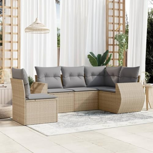 Holamys 5-TLG. Garten-Sofagarnitur Beige Poly Rattan, Outdoor-Möbel Sitzgruppe für Terrasse & Balkon, witterungsbeständiges Terrassenmöbel-Set mit Stauraum & Kissen, Gartengarnitur