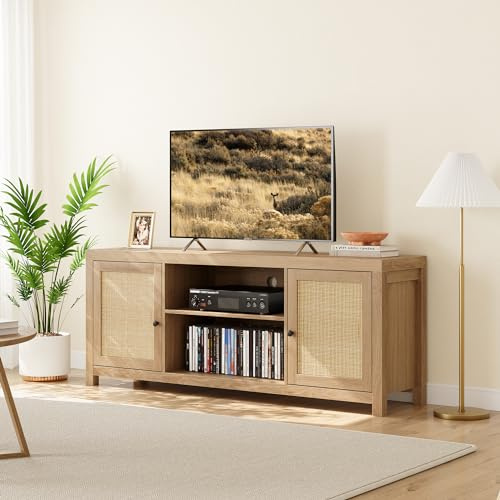 Crevyteg Rattan TV Stand for 65 inch, Natural Oak Entertainment Center with Adjustable Shelves, Boho TV & Media Cabinet 2-Tier Storage for Living Room Bedroom