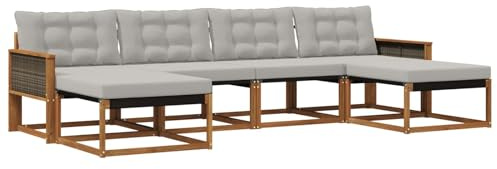 vidaXL Outdoor-Sofagarnitur mit Kissen 6 pcs Natürlich und Hellgrau, Garten, modernes Outdoor-Sofa, Sitzgruppe für den Patio, Terrassenmöbel für entspanntes Chillen