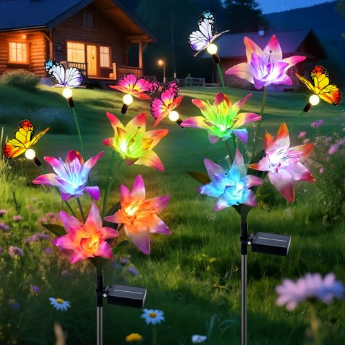 Fohil Solarlampen für Außen Garten, 2 Stück LED Solar Lilie Blume lampen für Außen Mit Schmetterlingen, Wasserdicht Solar Gartenleuchten für Balkon Terrasse Dekoration und Geschenk für Mutter