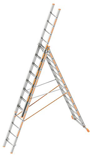 Layher 1040012 Allzweckleiter Topic, Aluminiumleiter 3-teilig 3x12 Sprossen, ausziehbar, beidseitig begehbar, klappbar, Länge 8.35 m