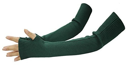 LSHARON SILK Women's Cashmere Warm Long Fingerless Gloves Winter Arm Warmer (Dark Green)