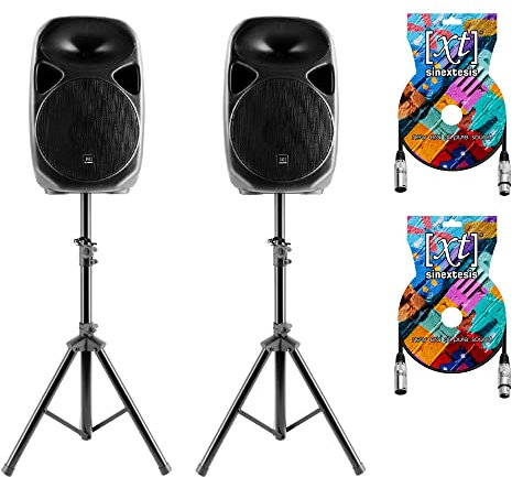 Sinextesis Impianto Audio Acustico con Coppia Altoparlanti Casse Attive Amplificate 400W con Woofer da 8, coppia di Stativi, 2 Cavi XLR da 5 mt.