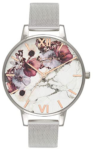 Olivia Burton Analog Quarzuhr für Damen mit Silbernes Edelstahl-Mesh-Gliederarmband - OB16MF09