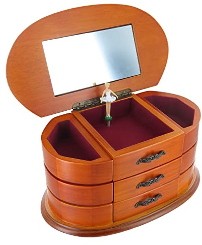 Lutèce Créations Caja de música para joyas/joyero musical de madera con bailarina giratoria, espejo, cajones y mecanismo musical de resorte de 18 notas - It's a small world (Sherman brothers)