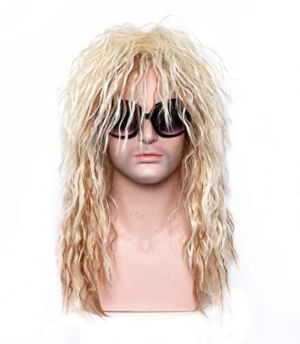 BESTUNG Mullet Wig 70s 80s Metal Rocker Wig Long Curly Blonde Women and Men Wigs for Cosplay Party or Anime Costume