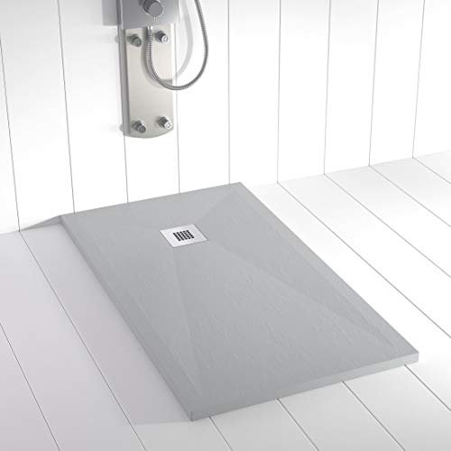 Shower Online Plato de ducha Resina PLES - 70x80 - Textura Pizarra - Antideslizante - Todas las medidas disponibles - Incluye Rejilla Inox y Sifón - Gris RAL 7035