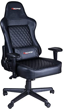 Racing BERGNER | Chaise Gaming Omega | Chaise de Bureau Ergonomique | Fauteuil de Direction avec accoudoirs réglables | Coussin têtière | mécanisme d'inclinaison | Similicuir | Noir