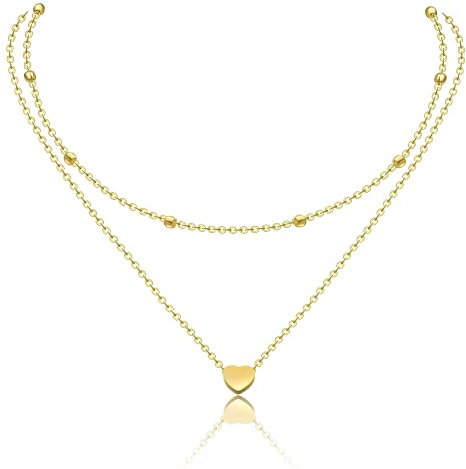 AFSTALR Damen Layered Kette Gold Multilayer Halskette Doppelkette für Frauen Kugelkette mit Herz