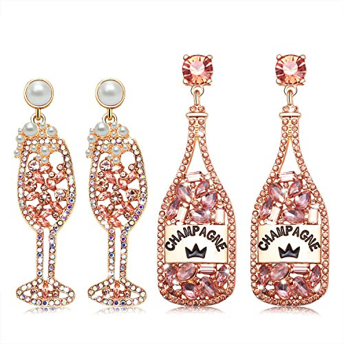 2 Pairs Rhinestone Champagne Bottle Earrings Crystal Wine Glass Dangle Earrings for Women Delicate Champagne Flute Earrings Party Celebration Jewelry Gifts, Zinc, Rhinestone