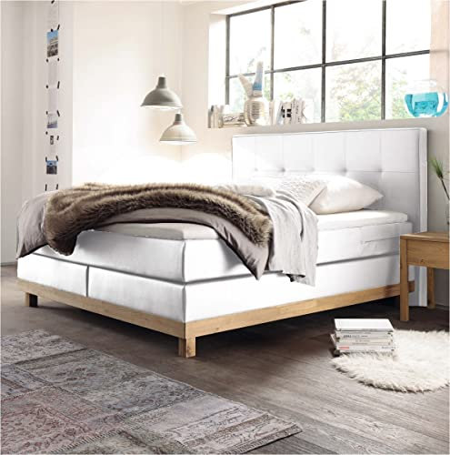 Hasena Boxspringbett Bella Eiche Bianco|Kunstleder weiß Größe 160x200 cm Base Topper (fest)