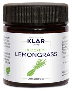 Klar Seifen Deocreme Lemongrass 30 ml Cosmos zertifiziert Deo | Deocreme mit frischem Lemongrass-Duft, palmölfrei, Cosmos-zertifiziert, pflegend und geruchsneutralisierend, 30 ml.
