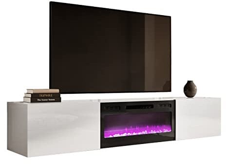 Mirjan24 Mobile TV con camino elettrico Slide 200 Mobile TV Lowboard apertura senza maniglia, camino elettrico, riscaldamento realistico con fiamma LED (bianco/bianco)
