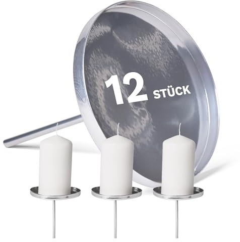 Novaliv 12x Kerzenteller 8cm flach Silber Kerzenpick für Kerzenpin Kerzentülle Weihnachten Adventskranz Metall rund zum Stecken Weihnachtsdekoration Kerzenständer Adentskranzdekor