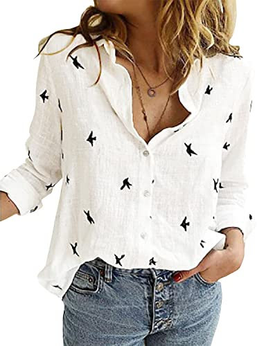 Livonmone Women's Blouse Casual Long Sleeve Shirts V Neck Button Down Basic Loose Tunic Tops (White, S)