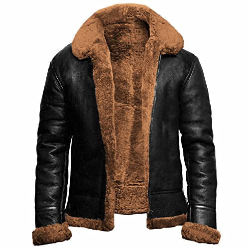 NLAVW Herren Flying Winter Jacket,Shearling Lederjacke Bomber Warm Filling Biker Motorrad Pelz Mantel Jacke,Braun,M