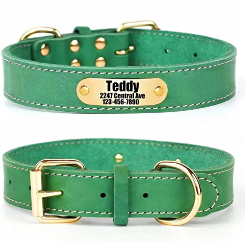 SLZZ Personalisiertes Hundehalsband aus echtem Leder mit Hundename Telefonnummer/langlebiges verstellbares Hundehalsband für X-Klein Klein Mittel Groß X-Groß Hunde- Grün-M