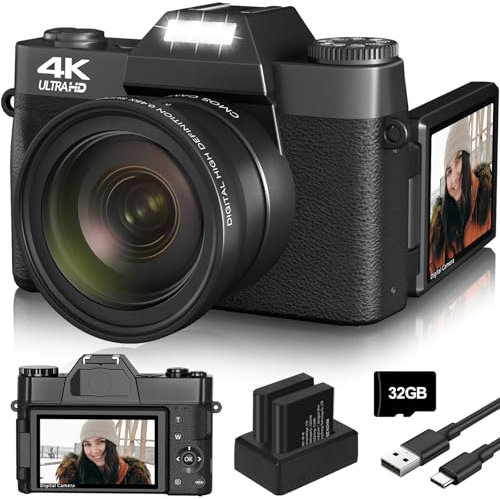 VETEK Vlogging fotocamera per YouTube digitale 4K 48MP per fotografia Zoom digitale 16X messa a fuoco manuale compatta con obiettivo macro e grandangolo da 52 mm, scheda TF 32G e 2 batterie (nero)