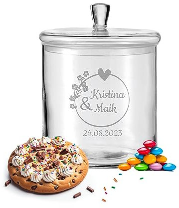 LALALO Leonardo Keksdose mit Gravur als Hochzeit Geschenk, Keksglas/Bonbonglas personalisiert als Hochzeitsgeschenk, Vorratsdose für Paare zum Hochzeitstag als Geldgeschenk (Blütenzauber)