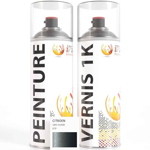 ipixline Kit Retouche Peinture Carrosserie Voiture - Bombe Aérosol Peinture Auto 400 ml, Vernis Brillant 1k 400 ml - Compatible avec Citroen - Gris Shark KTP