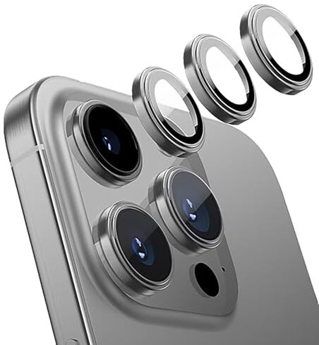 GIOPUEY Camera Protector for iPhone 15 Pro Max,iPhone 15 Pro Camera Lens Protector [2 in 1 Material] Metal Frame + Tempered Glass - Natural Titanium