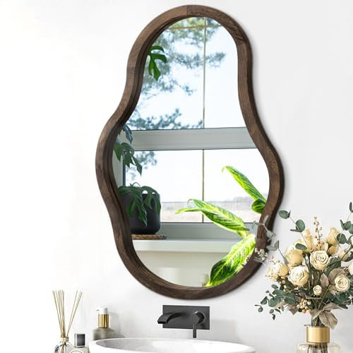 Lzuso Unregelmäßiger hölzerner Spiegel für Wand Moderner asymmetrischer einzigartiger hängender Wandspiegel Künstlerischer Spiegel Dekor Badezimmer Schlafzimmer Wohnzimmer Eingang Flur Großer Braun