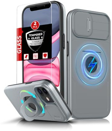 FRLMOOES pour iPhone 11 Coque Magnétique,pour iPhone XR Coque Compatible avec MagSafe Chargement sans Fil,avec 2 Trempé Protection,Cache Caméra intégré+Béquille Support,Absorbant de Choc Étui Gris