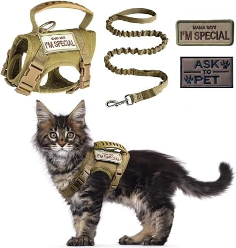 ZHHSUNY taktisches Katzengeschirr, verstellbares Haustier-Gehgeschirr mit gesticktem Logo, atmungsaktive und Anti-Escape reflektierende Schleppseil für Katzen (Khaki)