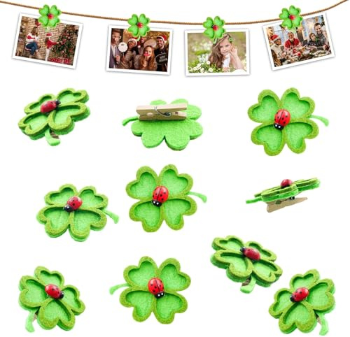 Filzkleeblätter, Marienkafer Deko Kit,10 Stück Glücksklee Holzklammer | Mini Holz Foto-Clips mit Marienkäfer Glücksbringer Glückskäfer zur Verschönern Geschenken Briefe Tischkarten Blumen