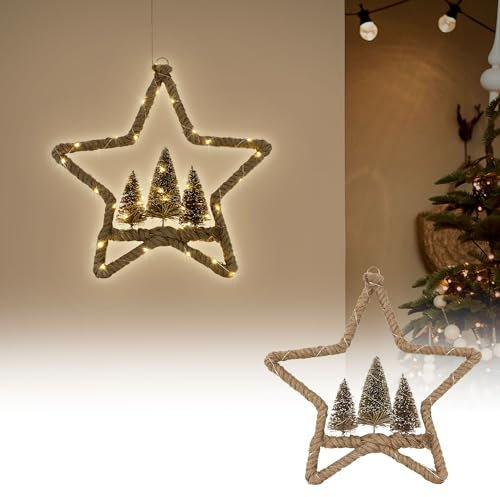 ECD Germany LED Jute Stern Ø40 cm, 50 warmweißen LEDs, Deko Weihnachtsstern mit 3 Tannen, Jutesäckchen, Batterien, Timer, Hängestern aus Seil, Lichterstern Weihnachtsbeleuchtung Weihnachtsdeko Innen