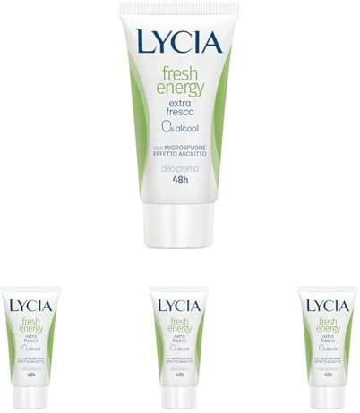 Lycia -Deodorante in crema Fresh Energy, Extra Protezione per 48 ore, Senza Alcool, Effetto Asciutto e Fresco, con Aloe e Bergamotto, 40ml (Confezione da 4)