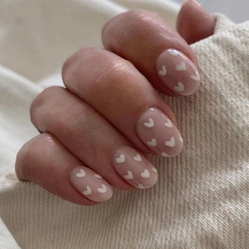 SXVME False Nails Short, Nude Press On Nails Oval With White Heart Desgin Full Cover Acrylic Fake Nails French Stick on Nails For Women 24 Pcs