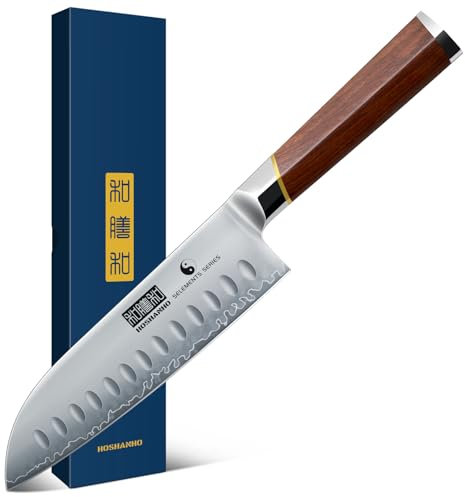 HOSHANHO 7 Inch Santoku Knife,Professional Japanese High Carbon Super Steel Chef Knife, Razor Sharp Kitchen Knife with Ergonomic Red Sandal Wooden Handle - Gift Box