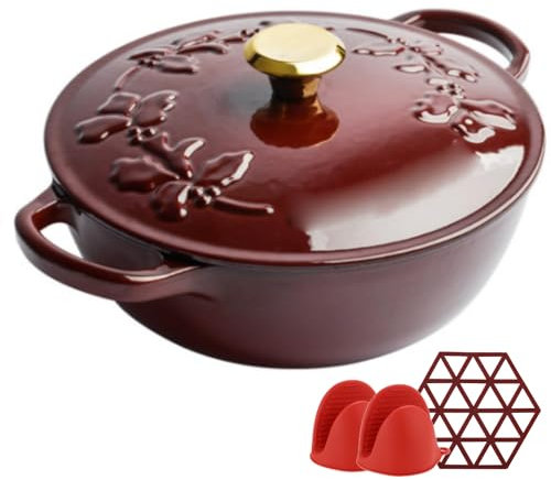 Cast Iron Dutch Oven with Embossed Lid Enameled Cast Iron Dutch Oven Non Stick Dutch Oven Pot Cooking Pot with Potholders for Open Fire Stovetop Camping。
