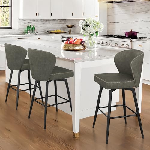 LUE BONA Barhocker 3er Set mit Lehne,66 cm Hoch–Barstuhl Holz mit Kunstleder Sitzfläche,Moderner Barstuhl,Dunkel-Grau