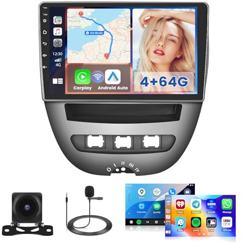 Hikity 4GB+64GB Android 15 Radio Coche 2 DIN para Peugeot 107 / Toyota Aygo/Citroen C1 2004-2014 Wireless Carplay Android Auto 10 Pantalla Táctil con GPS WiFi FM/RDS 32EQ Cámara Trasera Mic