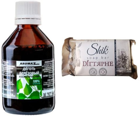 Birkenteer Seife & 100% Reines Birkenteer – Set – Hautpflege für gesunde Haut, Kopfhaut und Haare. Birch Tar and Birch Tar Soap set. (50 ml Birkenteer + 100 g Birkenteer Seife)