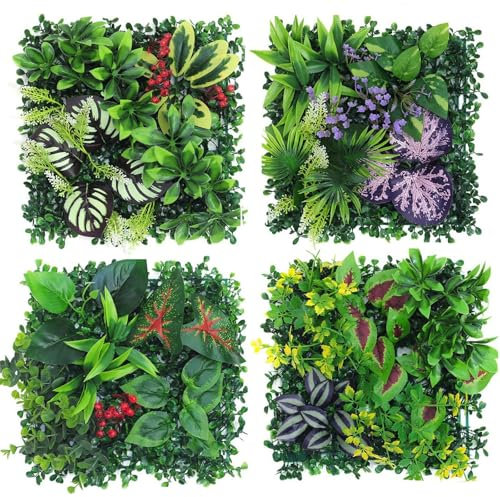 AQCQDQ Pflanzenwand Outdoor, 4 Stück Kunstpflanzen Wand, 25 x 25 cm Künstliche Pflanzen Deko für Wand, Balkon & Garten (Hybrid 06)