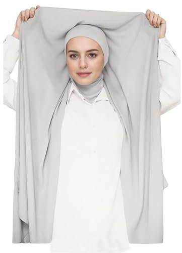 Lina & Lily Chiffon Instant Hijab Kopftuch mit Jersey Ninja Unterkappe für Muslimische Frauen (Hellgrau)