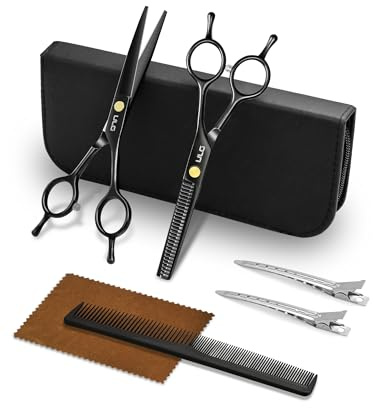 ULG Professional Hair Cutting Scissors Set – 16.5 cm Japanese Stainless Steel Barber Shears & Thinning Scissors with Comb, Clips & Case – at-Home Salon Haircut Kit for Men, Women, Kids, Black